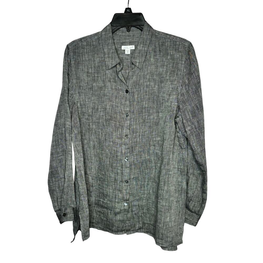 J. Jill Love Linen Gray Button Up 100% Linen Essential Shirt Size Medium Petite